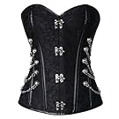 Charmian Women's Steampunk Gothic Spiral Steel Boned Brocade Waist Cincher Overbust Corset with Chains Black X-Large