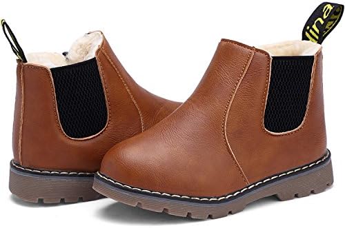 WQINSHOE Boy and Girl's Winter Ankle Boots PU Zipper Warm Fur Cute Casual Shoes Brown 29