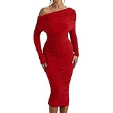LAGSHIAN Women's Elegant Bodycon Long Sleeve Midi Dress Fall Off The Shoulder Ruched Cocktail Party Dresses