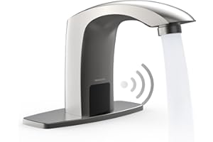 PRIMSOPH Automatic Motion Sensor Hands Free Electronic Infrared Smart Commercial Touchless Bathroom Sink Faucet with Cover Plate Temperature Mixer Battery or Plug-in Powered Brushed Nickel