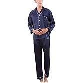 Wowcarbazole Men's silk Satin Pajamas Set Long/short Sleeve Button-Down Sleepwear with front pocket