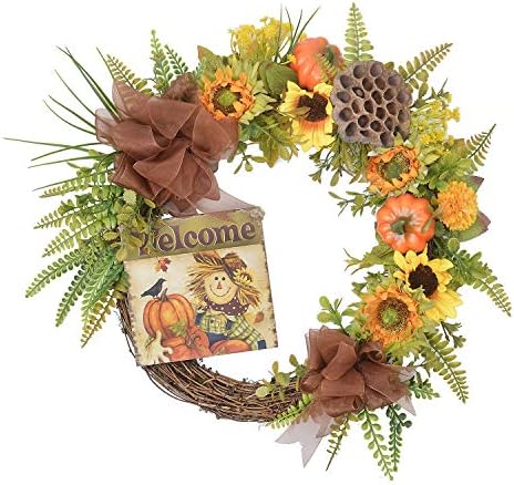 FAVOWREATH 2018 Vitality Series FAVO-W143 Handmade 15 inch Pumpkin,Welcome Letter,Grass,Sunflowers,Halloween Wreath for Fall Front Door/Wall/Fireplace Floral Hanger Home Every Day Decor