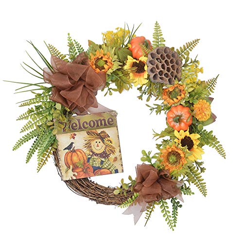 FAVOWREATH 2018 Vitality Series FAVO-W143 Handmade 15 inch Pumpkin,Welcome Letter,Grass,Sunflowers,Halloween Wreath for Fall Front Door/Wall/Fireplace Floral Hanger Home Every Day Decor