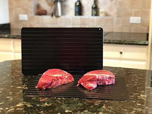 Quick Defrosting Tray for Fast Dethawing of Frozen Meats, Lightweight Aluminum Metal, Easy to Store, Works On Chicken, Steak, and More, No Microwave, No Batteries, and No Electricity Needed