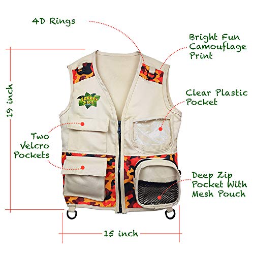 Safari Kidz Outdoor Explorer Kit Camouflage Cargo Vest and Hat Set,  Backyard Nature Adventures, Washable Cos
