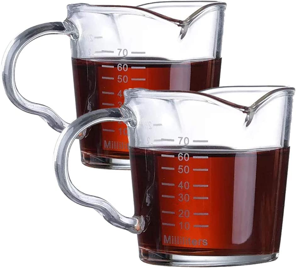 2Pcs 70ml Mini Glass Measuring Cup Jugs Espresso Shot Glass Measure Heavy Glass Jigger Spirit Measure Cup Round Graduated Beaker Handled Measuring Cup for Bar Wine Cocktail Milk Coffee (2 pcs/70ml)