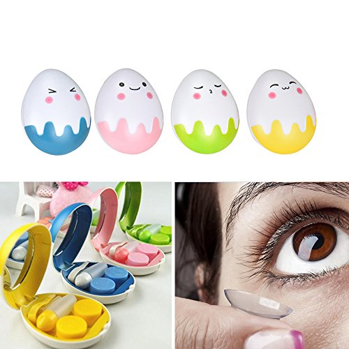 Travel Contact Lens Cases, Contact Lenses Solution Travel Size Holder with Mirror, Cute Egg Contacts Lens Tweezers Container Kit Mini Box for Contact Lens Care