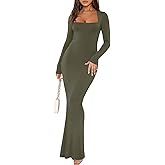 REORIA Womens Basic Sexy Square Neck Long Sleeve Soft Lounge Long Dress Fall Casual Ribbed Bodycon Maxi Dresses
