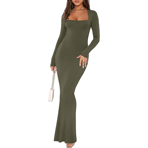 REORIA Womens Sexy Casual Scoop Square Neck Long Sleeve Soft Lounge Long  Dress Fall Wedding Guest Elegant Ribbed Bodycon Maxi Dresses Coffee X-Small  at Amazon Women's Clothing store