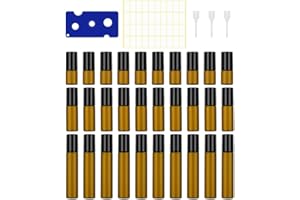 HEQU 35 Packs Essential Oil Roller Bottles, 30pcs 3ml/5ml/10ml Amber Glass Roller Bottles with Stainless Steel Roller Ball, 1 Opener and 1 Sticker for Perfume, Fragrance, Massage