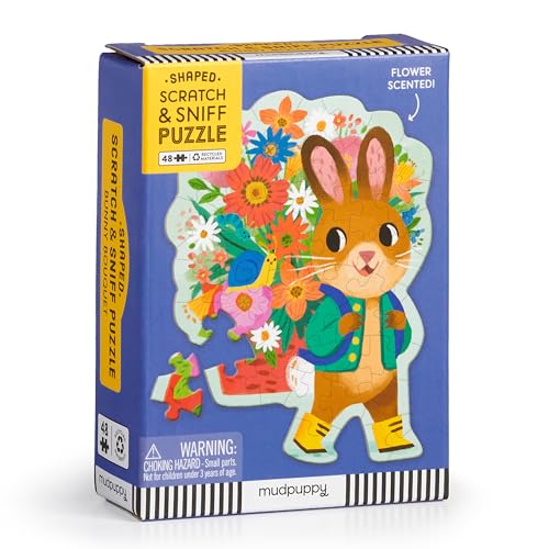 Mudpuppy Bunny Bouquet 48 Piece Scratch & Sniff Shaped Mini Puzzle with Colorful and Fun Illustrations of A Hoppy Easter Bunny and Scented Puzzle Pieces