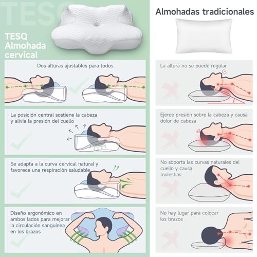 TESQ 2 in 1 Ergonomic Cervical Memory Pillow, Superior Comfort for Side and Back Sleeping, Adjustable Height, 50% Nylon, 50% Polyester, Washable, 60 x 40 x 9 cm
