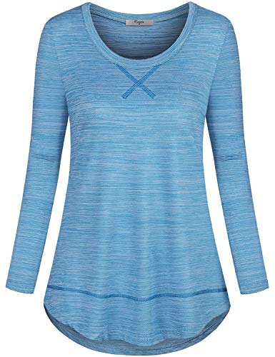 Cestyle Activewear Tops for Women, Misses Long Sleeve Round Neck Yoga Running Pilates Shirts Stretchy Lightweight Curved Hem Quick Dry Basic T Shirt Blue M