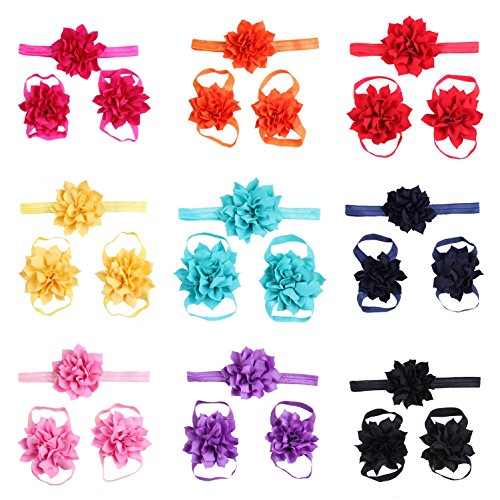 Lovinglove 10 Colors Baby Girls Foot Flower Barefoot Sandals Headbands Set--10 Packed