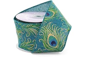 GIFTWRAP ETC. Peacock Print Fall Wired Ribbon - 2 1/2 inch x 10 Yards, Blue, Green, Gold, Feathers, Wedding, DIY Wreath, Swag, Garland, Thanksgiving, Christmas Decor, Mardi Gras, Easter