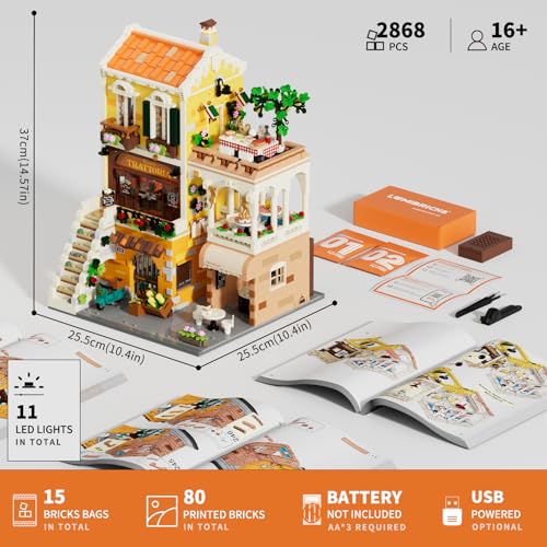 Lumibricks Italian Homestyle Restaurant Lighting Building-Bricks Set – City Town Modular Italian Trattoria & Café LED Light Building Kit 2868 Pcs Construction Set for Adults and Teens