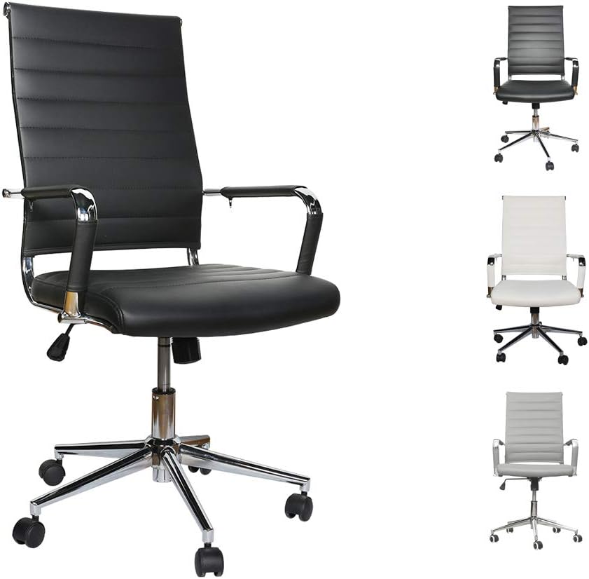 LUCKWIND Ergonomic Office Chair Ribbed Leather Swivel - Adjustable Height Tilt Arm Sleeves Lumbar Support High Back Upholstery Executive Modern Conference Computer Chrome Wheel Caster 350lb Big Black: Kitchen & Dining