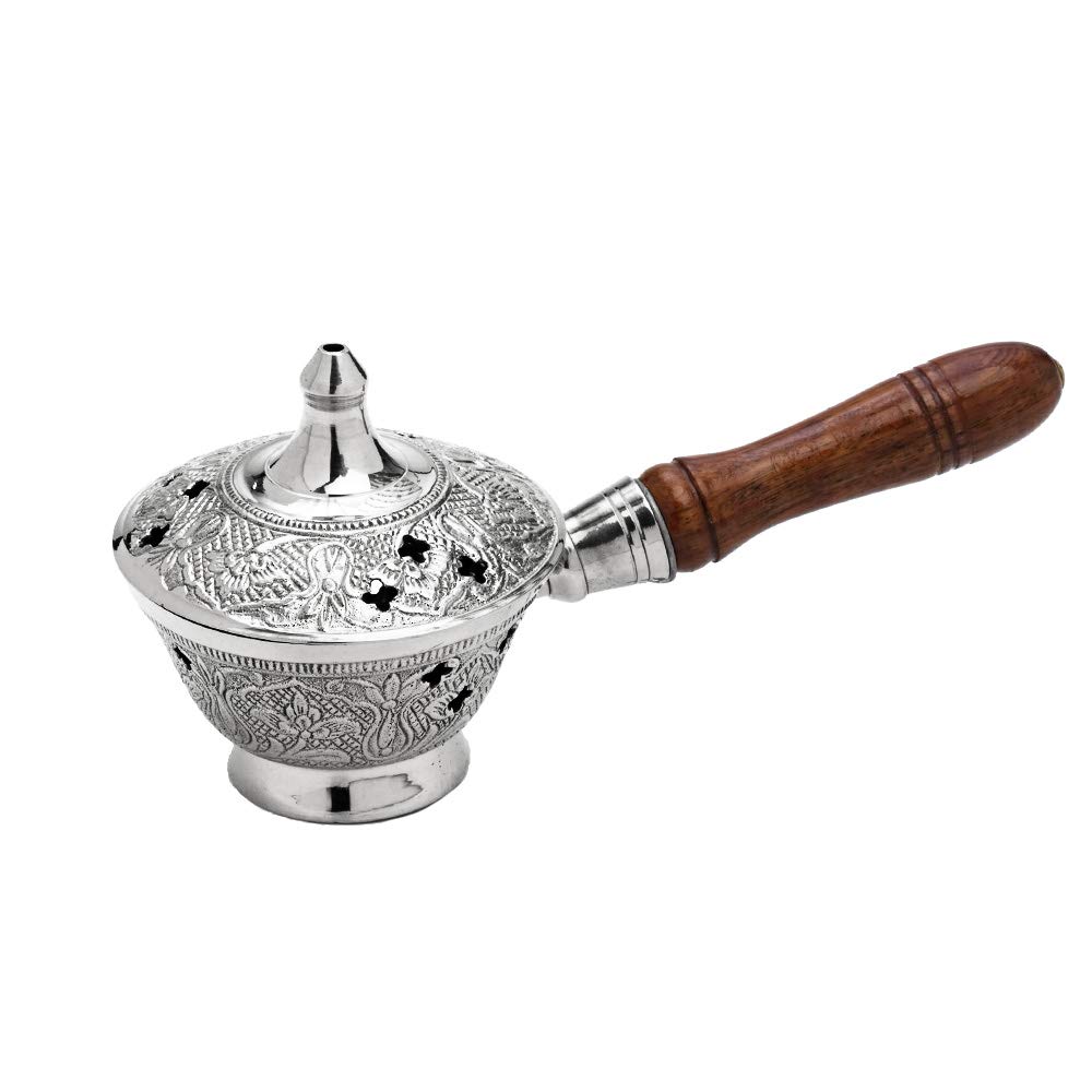 NKlaus Brass Incense Burner with Wooden Handle - Solid, Handmade Decoration