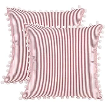 JASEN Farmhouse Stripe Decorative Pillow Covers, Set of 2 Red and White Cotton Woven Decorative Throw Pillowcase Cushion Case Covers with Balls 18x18 Inch