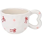 Koythin Ceramic Coffee Mug, Cute Creative Heart Handle Mug Design for Office and Home, Dishwasher and Microwave Safe, 10.5 oz/300 ml for Tea Latte Milk (Ribbon Bow)