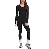 VUTRU Womens Long Sleeve Workout Jumpsuits V-Neck Romper Tummy Control Bodysuit Bodycon Sexy One Piece
