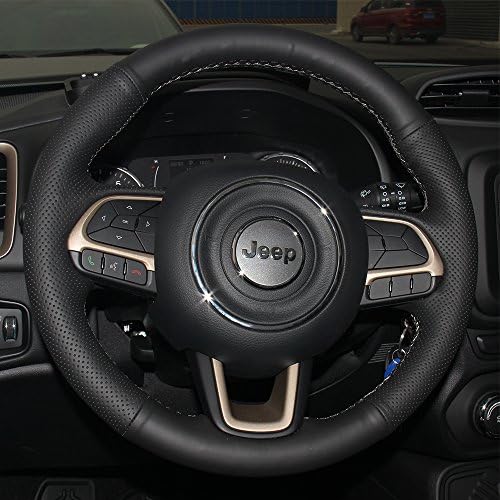 16sixteen Luxury Hand Sewing Anti-slip Patchwork Premium Nappa Leather Stitch On Car Steering Wheel Cover for Jeep Renegade, Black Cover, 9 Color Thread