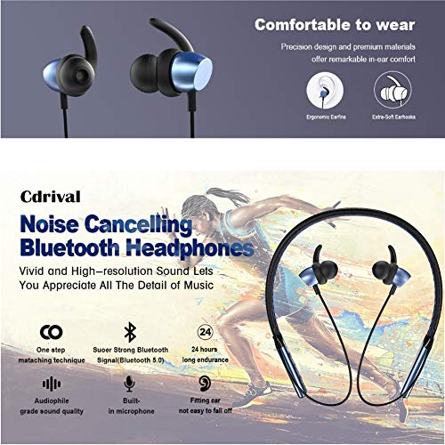Bluetooth 5.0 Neckband Headphones, Wireless Neckband Headset Stereo Noise Cancelling, IPX5 Waterproof Sports Earphones, Gym, Workout, Travel, Business, Magnetic Earbuds – Blue