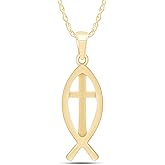 AFFY Cross Pendant Necklace for Women, 14K Gold Plated 925 Sterling Silver with Christian Fish Charm, Religious Faith Jewelry Gift with 18" Chain