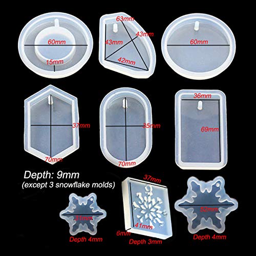 Set of 14 Casting Resin Molds Jewelry Making, Large & Small, 11 Silicone Pendent Trays with Hanging Hole & 3 Snowflake Charms Mould for DIY Craft - Circle/Square/Rectangle/Ring/Oval and More