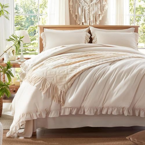 Freyamy Mädchen Bettwäsche 155x220 Beige Unifarben Rüschen Bettwäsche Set