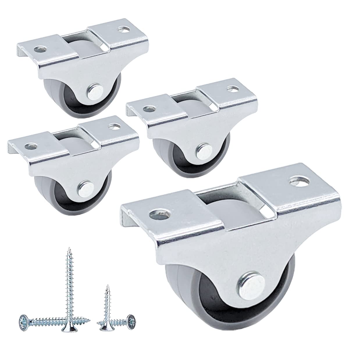 SKIR'CO (Pack of 4 pcs) Small 25 mm Furniture Castors, Grey Plastic Wheels, Non-Swivel, Fixed Casters, One-Way Direction, Screws Included (4)