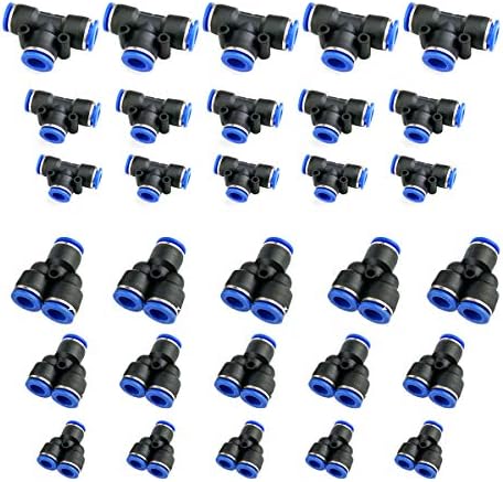 30 Pack Plastic Push to Connect Tube Fitting, T and Y Type Push Fit Fittings Tube Fittings, Tee Type Union Quick Connect Fittings for 1/4'', 5/16'', 3/8'' OD Tube