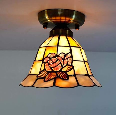 Tiffany Style Ceiling Lamp Semi Flush Mount 8 Inches Red Rose