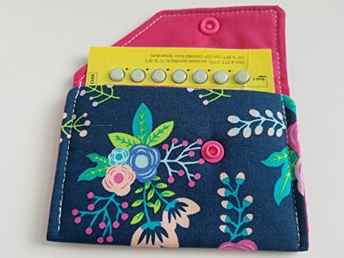 Birth Control Case Sleeve with Snap Closure and Optional Keychain Clip -Flowers on navy