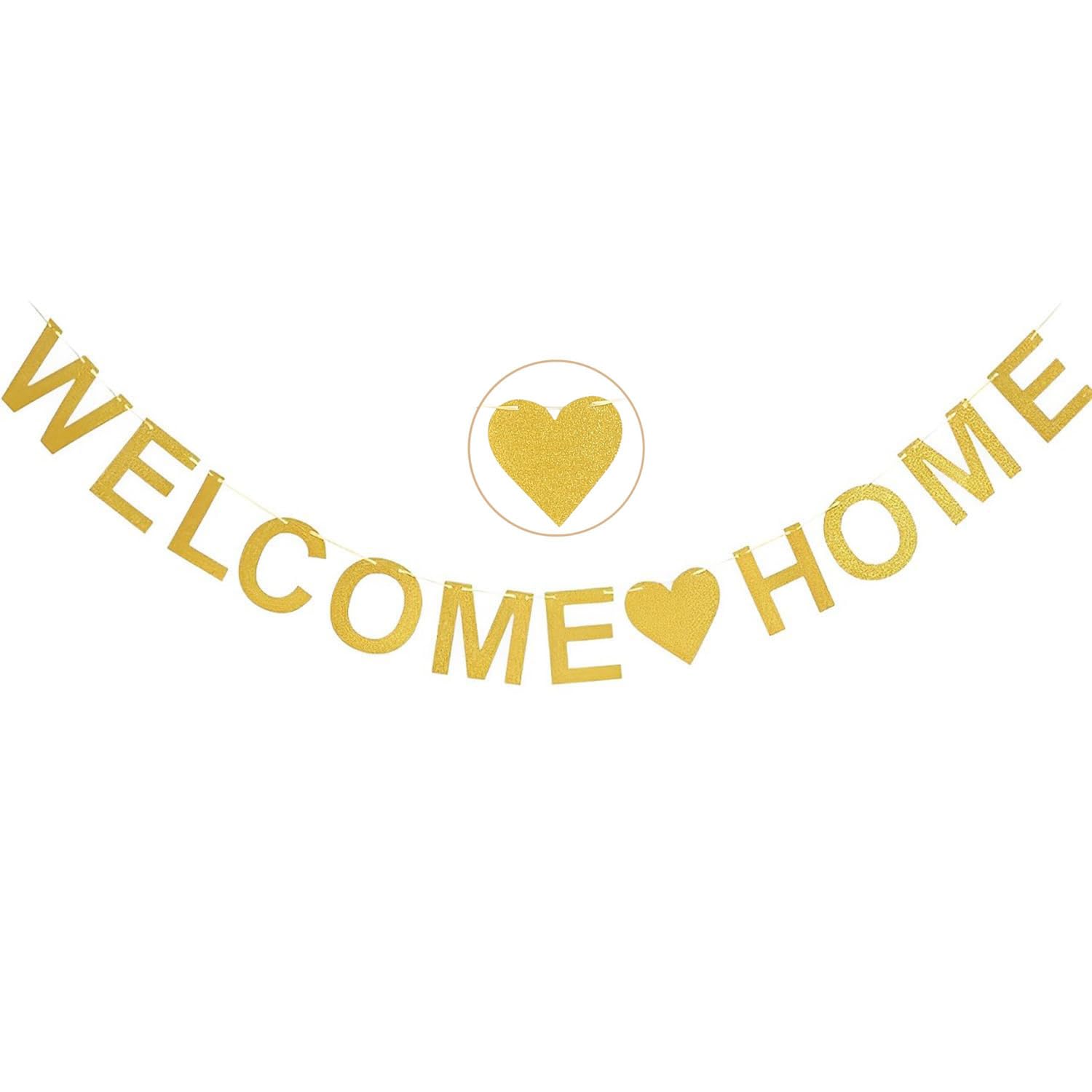Esshogo Welcome Home Banner Garland Welcome Home Garland Decorative Paper Bunting Letter Flags for Family Party Housewarming Decoration for Friend Relative Baby Health (Gold)