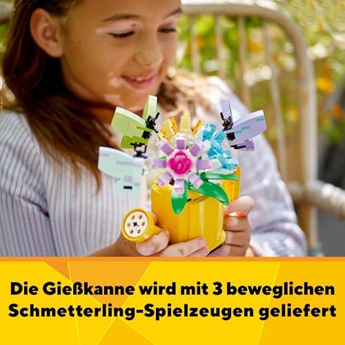 Creator 3in1 Flowers in Watering Can Toy to Welly Boot to 2 Birds on a Perch, Animals Set for Girls, Boys & Kids, with 3 Butterfly Toys, Makes a Great Desk Accessory, Nature Gift 31149