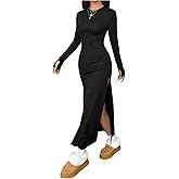 OYOANGLE Women's Long Sleeve High Slit Bodycon Long Dress Crew Neck Solid Trendy Tshirt Dresses