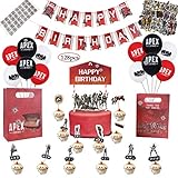 APEX Party Supplies - Party Decoration and Favors, Including 12 Balloons, a Happy Birthday Banner, a Cake Topper, 24 Cup Cake Topper, 2 Goody Bags 55 pcs APEX Stikers and 32 DIY Bullet Hole Stikers, G
