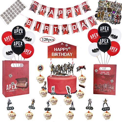 APEX Party Supplies - Party Decoration and Favors, Including 12 Balloons, a Happy Birthday Banner, a Cake Topper, 24 Cup Cake Topper, 2 Goody Bags 55 pcs APEX Stikers and 32 DIY Bullet Hole Stikers, G