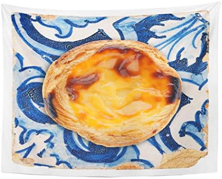 gthytjhv Decor Collection, Tapestry Wall Hanging Art Nature Home Blue Antique Portuguese Dessert Pastel De NATA on Top of Old Ceramic Yellow for Living Room Bedroom Dorm Decor in 60 x 80 Inches