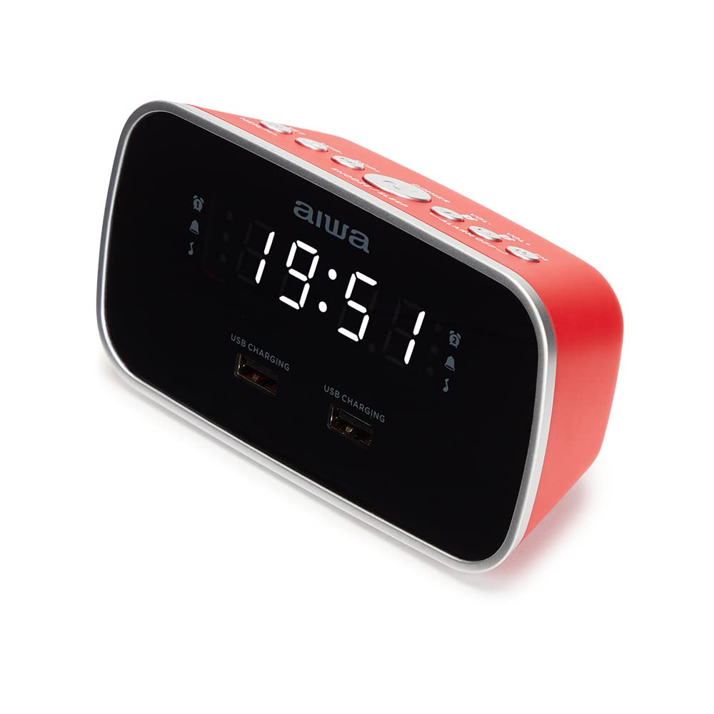Aiwa CRU-19RD Red Digital Alarm Clock Radio Dual USB Charging for Smartphones and Tablets
