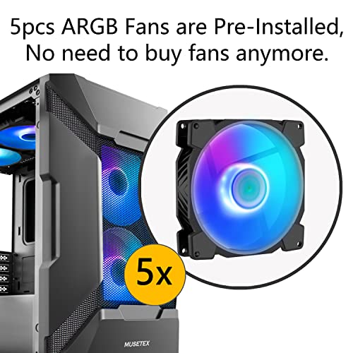 MUSETEX MATX (MicroATX) Case 5PCS ARGB Fans PreInstalled 2 x USB 3.0