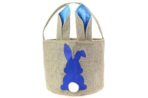 WENDSIM Easter Bunny Basket Egg Bags for Kids,Linen Personalized Candy Egg Basket Rabbit Print Buckets， Easter Eggs Hunt Easter Party Favors Decorations Candy Gifts Toys Storage(B-Rabbit-Blue)