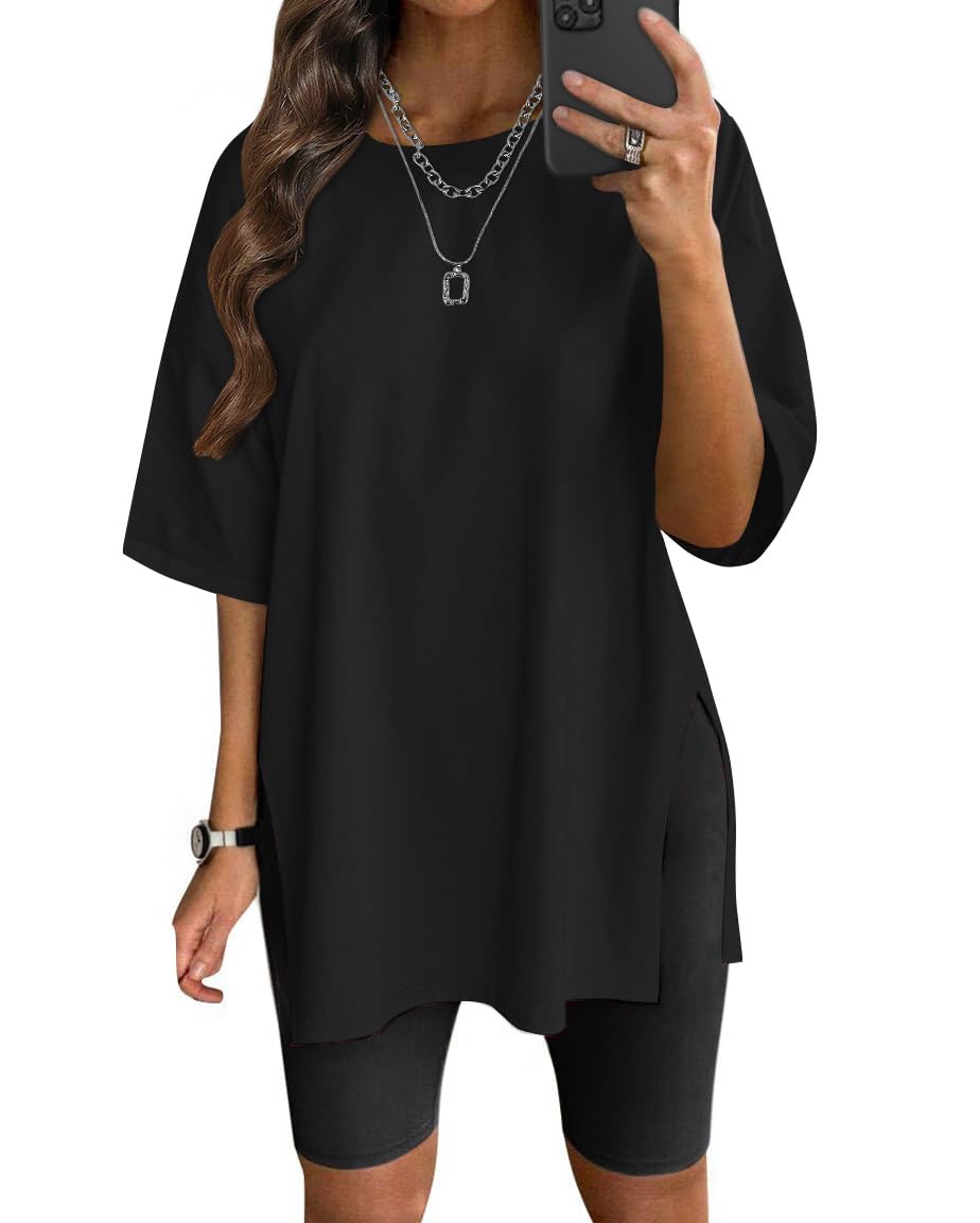 Photo 1 of VNIRA Oversized T Shirt for Women Losse Fit Cotton Short Sleeve Workout Top Summer Casual Blouse Basic Split Hem Tee Tops Black