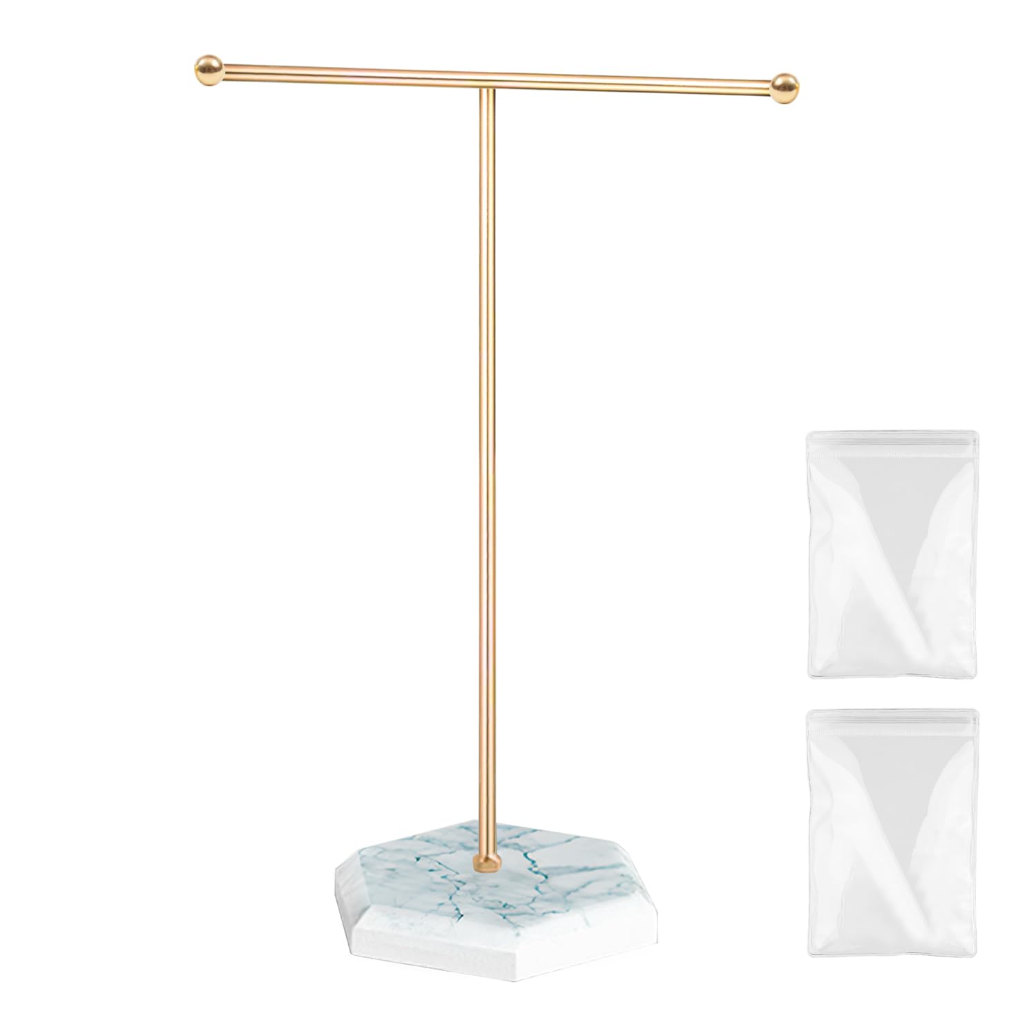 arrderly Jewellery Organiser Stand, T-Bar Necklace, Earrings Display Holder with Marble Pattern Tray, for Necklaces, Bracelets, Earrings, Rings, Watches