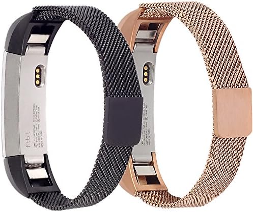 Wishteta Replacement Accessory Metal Watch Bands for Fitbit Alta/Fitbit Alta HR (Milanese-Black+Rose Gold, 5.5"-7.8")