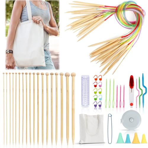 Katech Bamboo Knitting Needles, Beginner Knitting Kit Knitting Needles for Beginners-18 Pairs Circular Knitting Needles Set and 18 Pcs Single Pointed Knitting Needles with Tote Bag Knitting Supplies