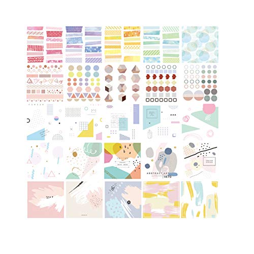 Vintage Washi Sticker Set (30 Sheets) New Year Watercolor Geometric Patterns Decorative Stationery Stickers DIY Label for Journaling Planner Scrapbooking Album Photo Frame Agenda Dairy Book