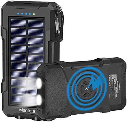 Solar Charger 20000mAh, Qi Wireless Solar Power Bank,5W Msnteta Portable Solar Phone Charger with Dual LED Lights, Built-in Dual Inputs & 3 Outputs, External Battery Compatible with iOS and Android