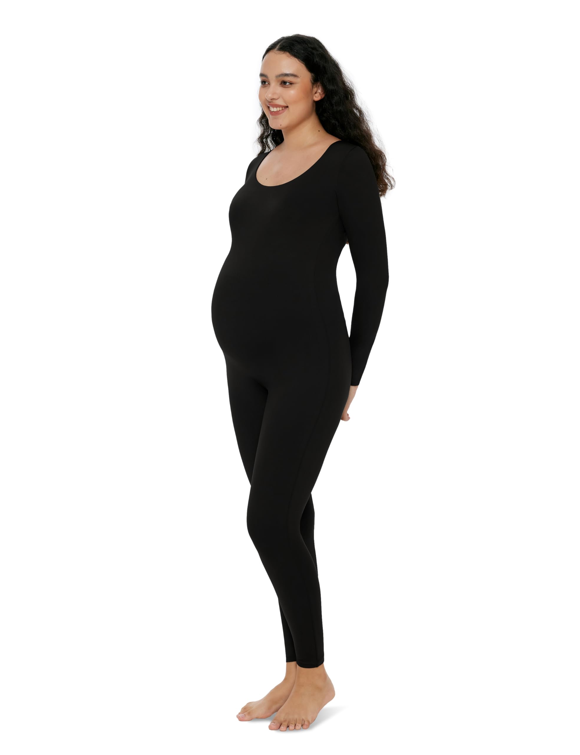 Photo 1 of POSHDIVAH Women's Maternity Bodysuit Scoop Neck Long Sleeve T Shirt Stretchy Jumpsuit Pregnancy Shapewear Romper Black Large